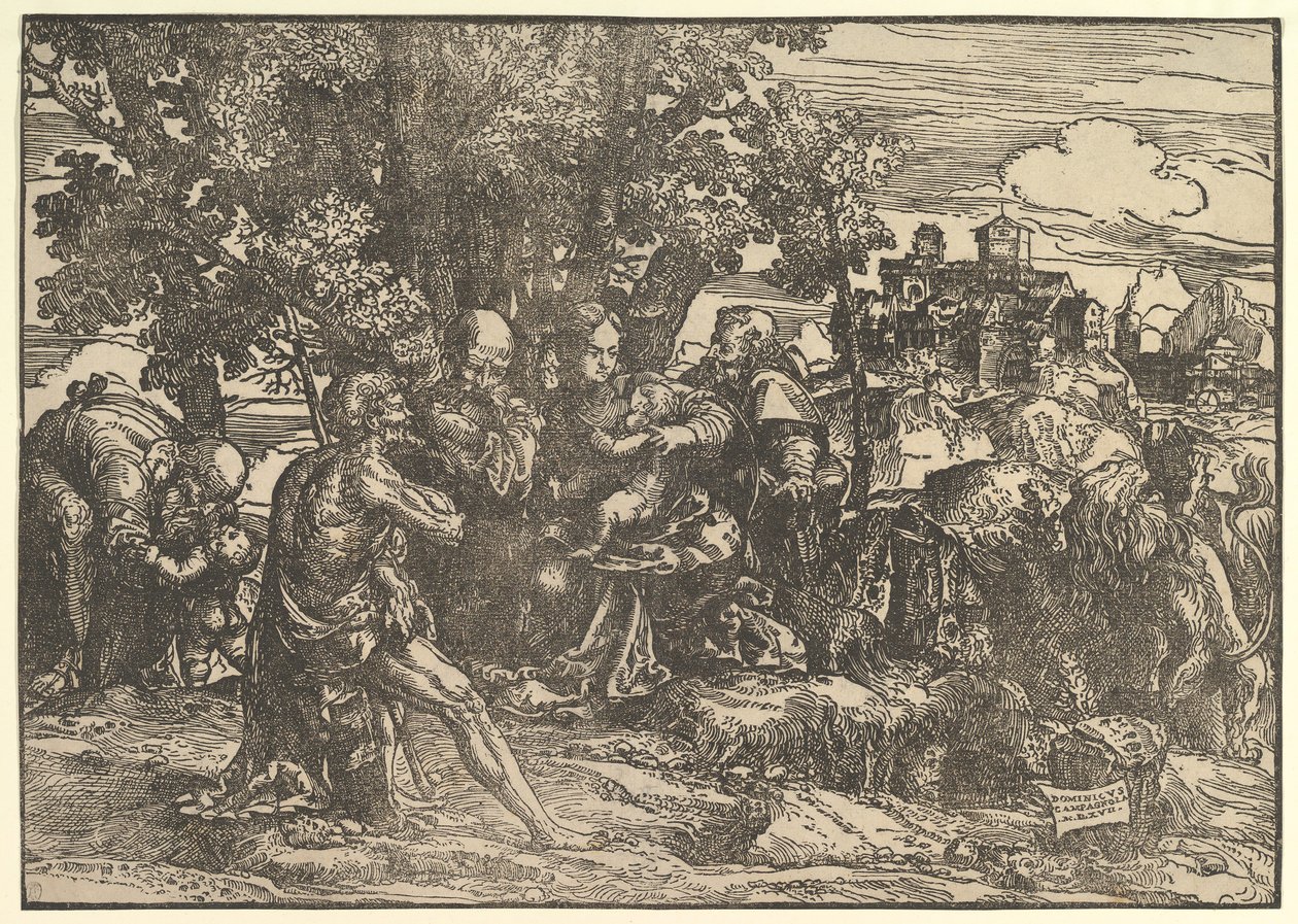 María sentada bajo los árboles con el bebé, flanqueada por José a la izquierda y San Jerónimo a la derecha, San..., 1517 de Domenico Campagnola