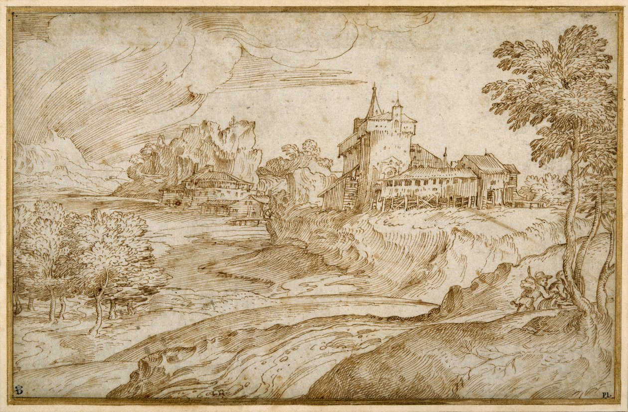 Paisaje montañoso con un castillo y otros edificios junto a un río; un hombre apresurando a una mujer, c.1540 de Domenico Campagnola