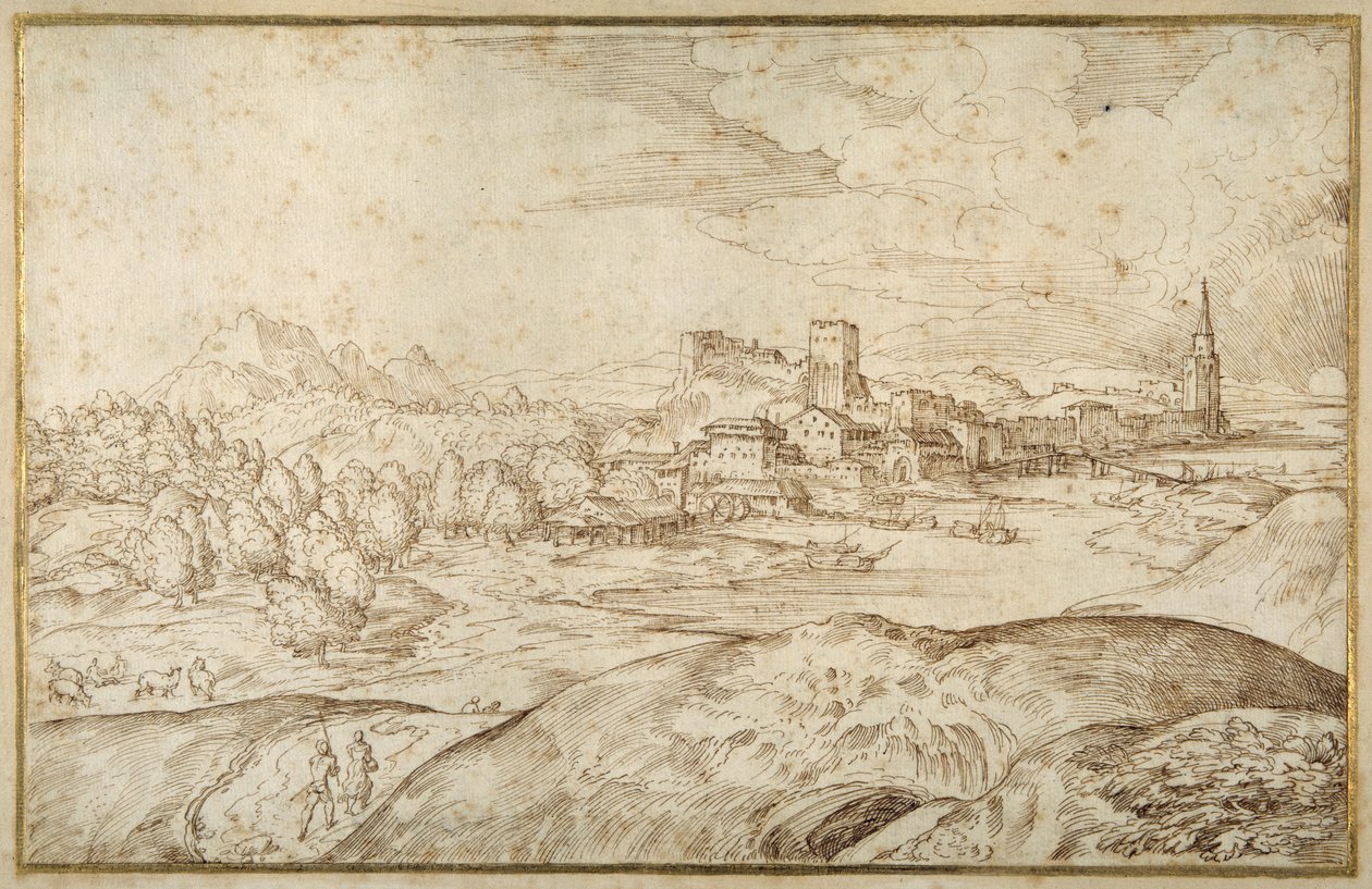Paisaje montañoso con un río y una ciudad fortificada con una torre con aguja de Domenico Campagnola