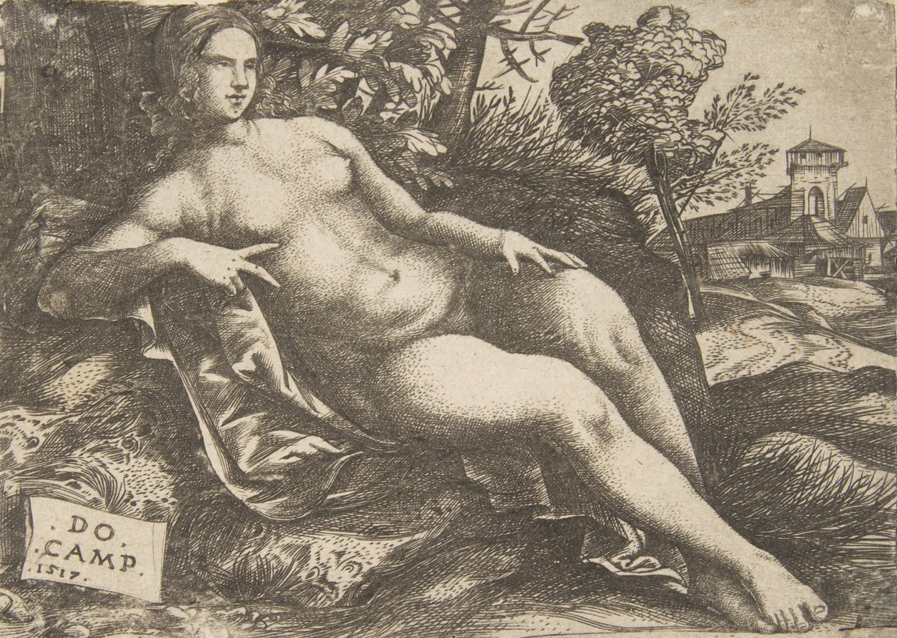 Mujer desnuda Venus reclinada en un paisaje de Domenico Campagnola