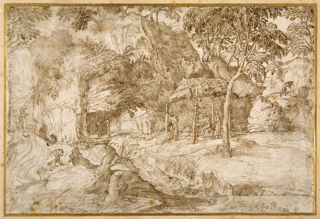 Peregrinos visitando a San Jerónimo en el desierto de Domenico Campagnola