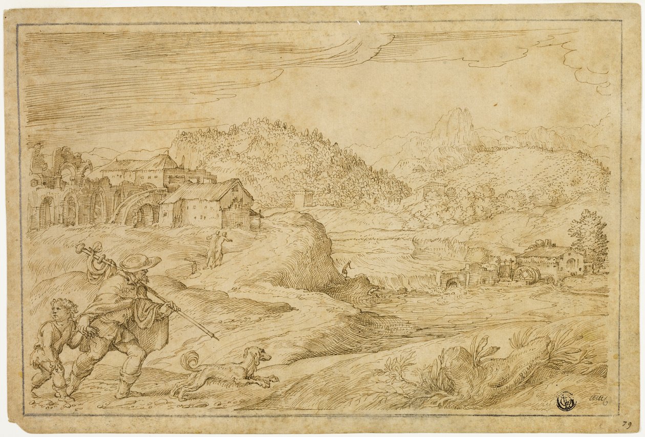 Paisaje fluvial con San Roque y un niño viajando con perro de Domenico Campagnola