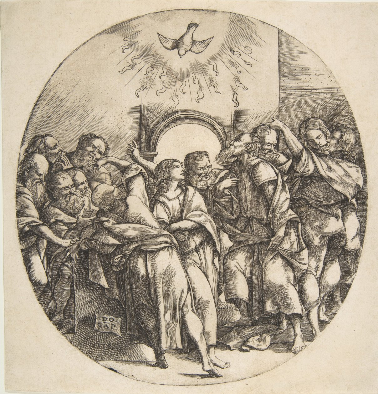 El Espíritu Santo como un pájaro descendiendo con las alas extendidas en el centro superior, los doce apóstoles..., 1518 de Domenico Campagnola
