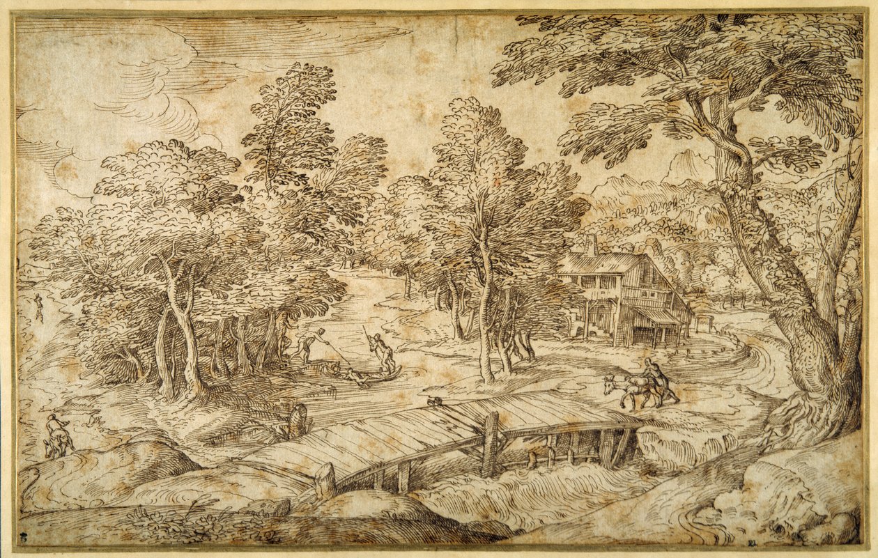Paisaje boscoso con una granja y un puente de madera sobre una esclusa de Domenico Campagnola