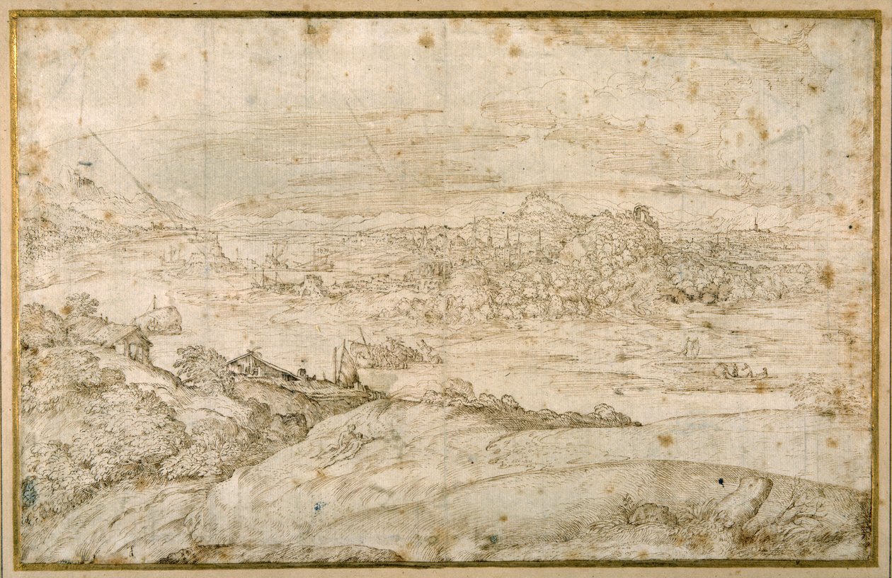 Paisaje boscoso con un río serpenteante; en la distancia una ciudad, una mezcla de agujas y cúpulas con ruinas antiguas de Domenico Campagnola