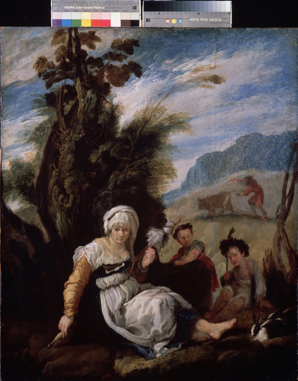 "Adán y Eva" Adán trabajando en los campos y por la tarde sus dos hijos Abel y Caín de Domenico Fetti or Feti