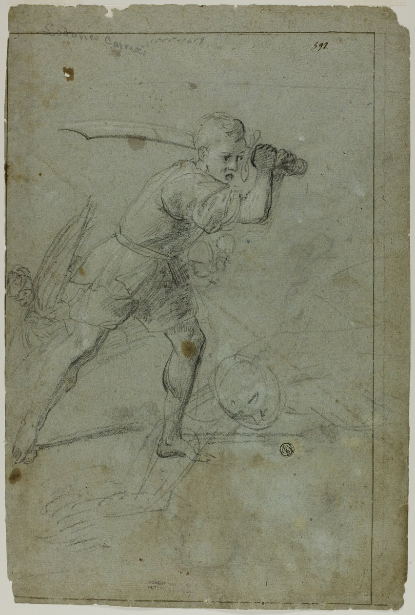 David decapitando a Goliat (recto); Boceto de figura femenina con brazo derecho levantado sobre la cabeza (verso) de Domenico Fiasella