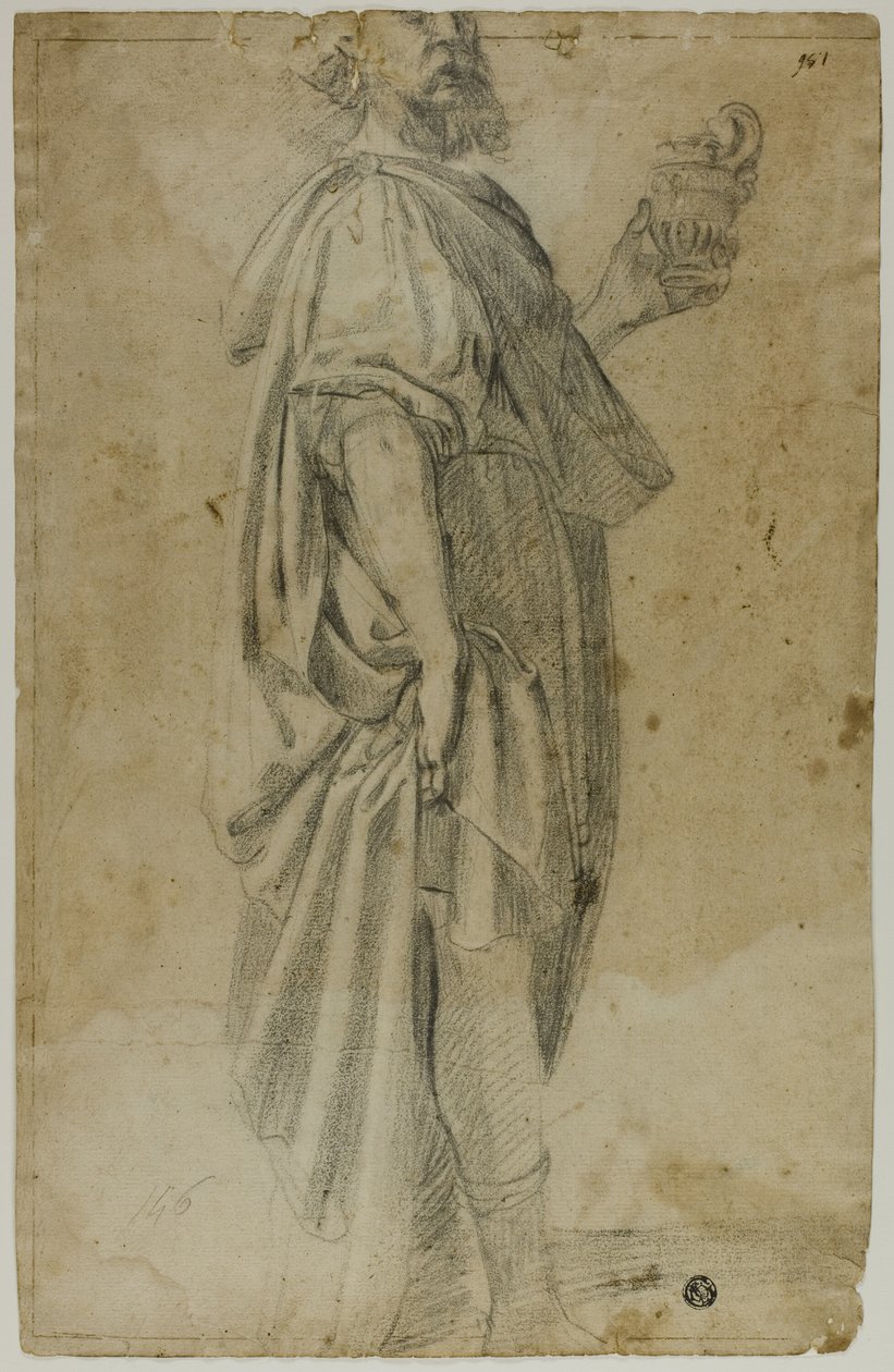 Mago de pie (recto); Boceto de establo y árboles (verso) de Domenico Fiasella