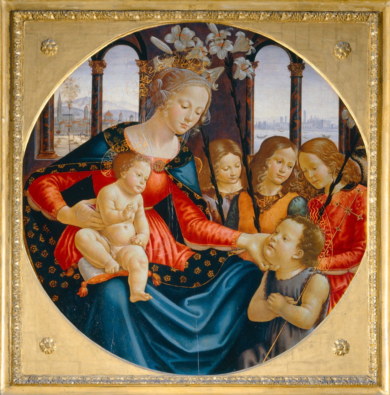 La Virgen y el Niño con el joven Juan Bautista y tres ángeles ... de Domenico Ghirlandaio