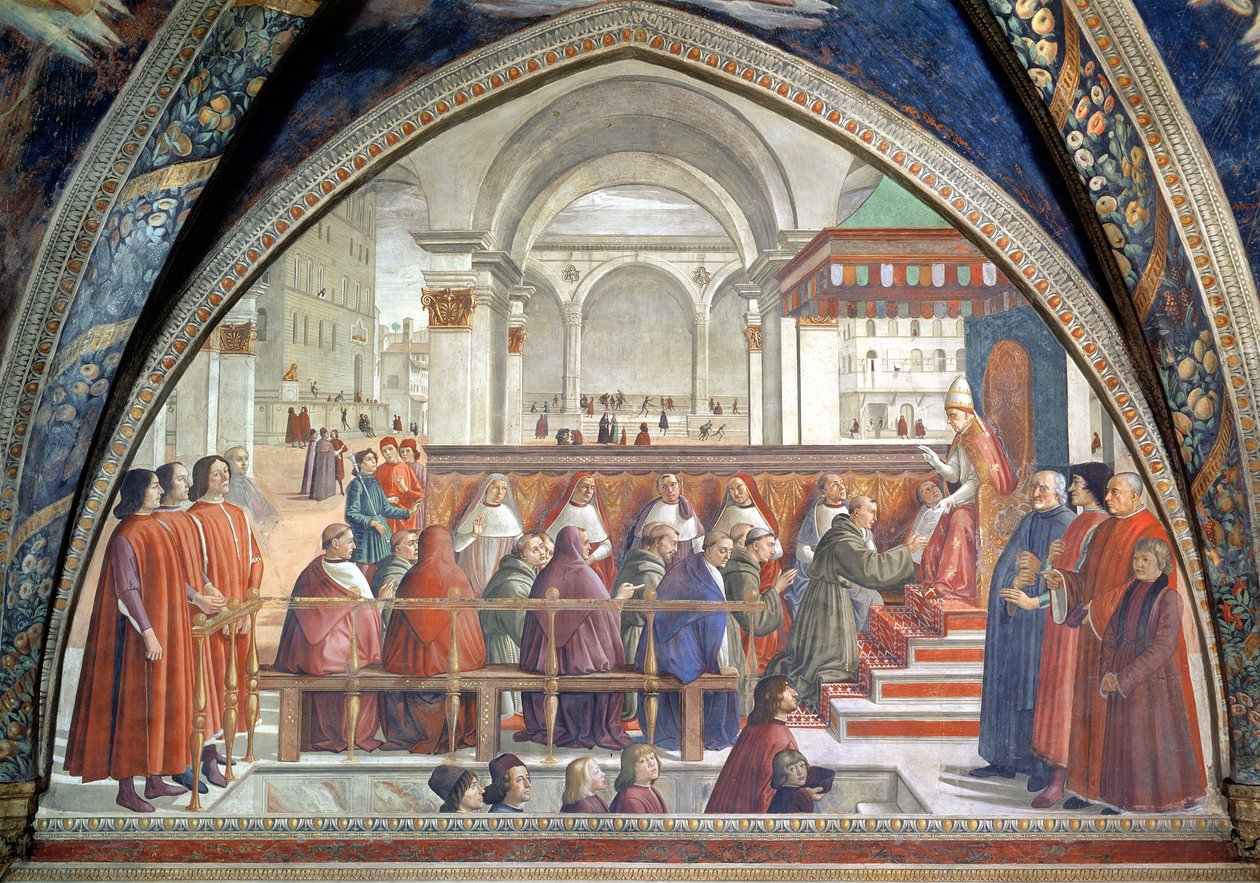 San Francisco recibiendo la Regla de la Orden del Papa Honorio, escena de un ciclo de la Vida de San Francisco de Asís, 1486 de Domenico Ghirlandaio