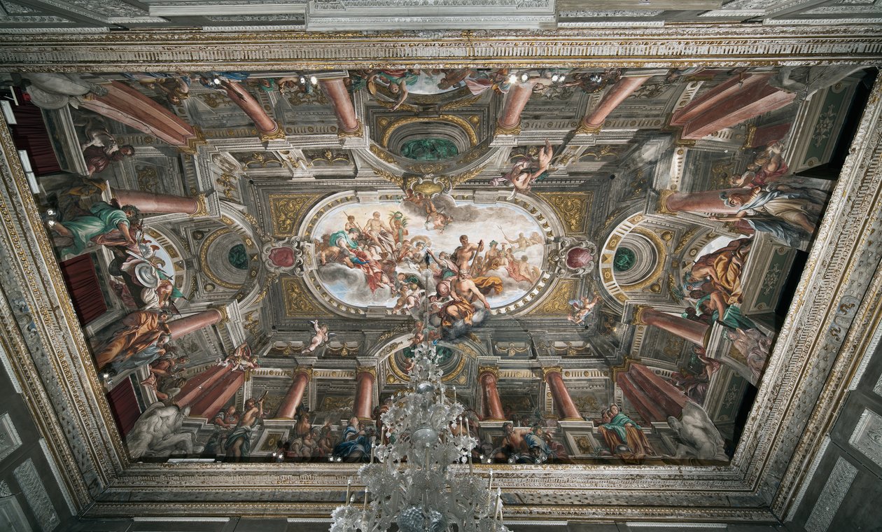 La oferta a Júpiter de las llaves del Templo de Jano (o Alegoría de la Paz), techo del piso noble, c.1665 de Domenico I Piola