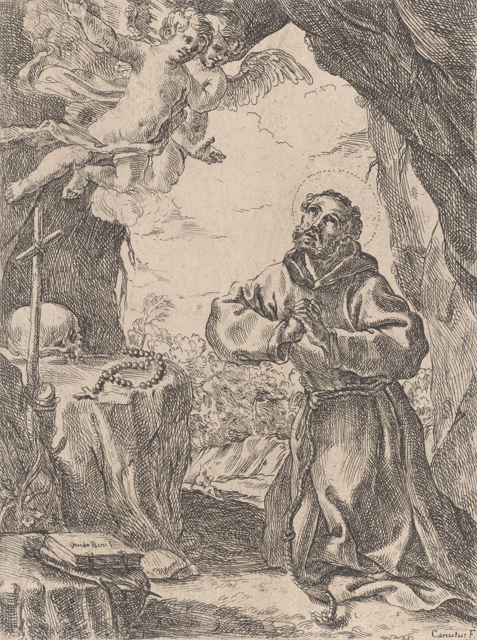 San Francisco de Asís, arrodillado ante un crucifijo con dos ángeles en la parte superior izquierda, 1643-44 de Domenico Maria Canuti