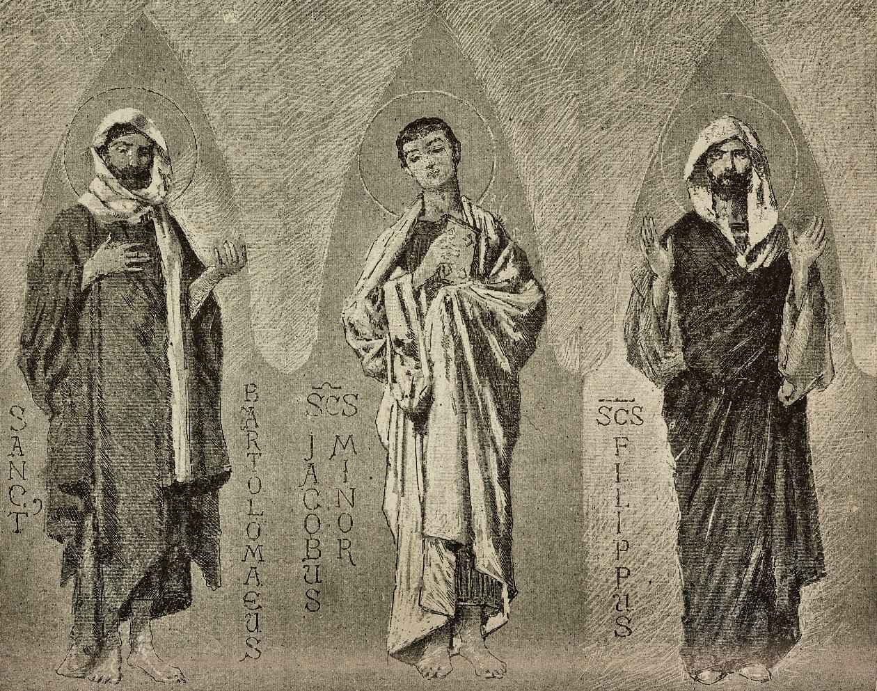 San Bartolomé, Santiago el Menor y Felipe, cartones de Domenico Morelli para el mosaico de la catedral de Amalfi, Italia, dibujo de P Scoppetta, grabado de L