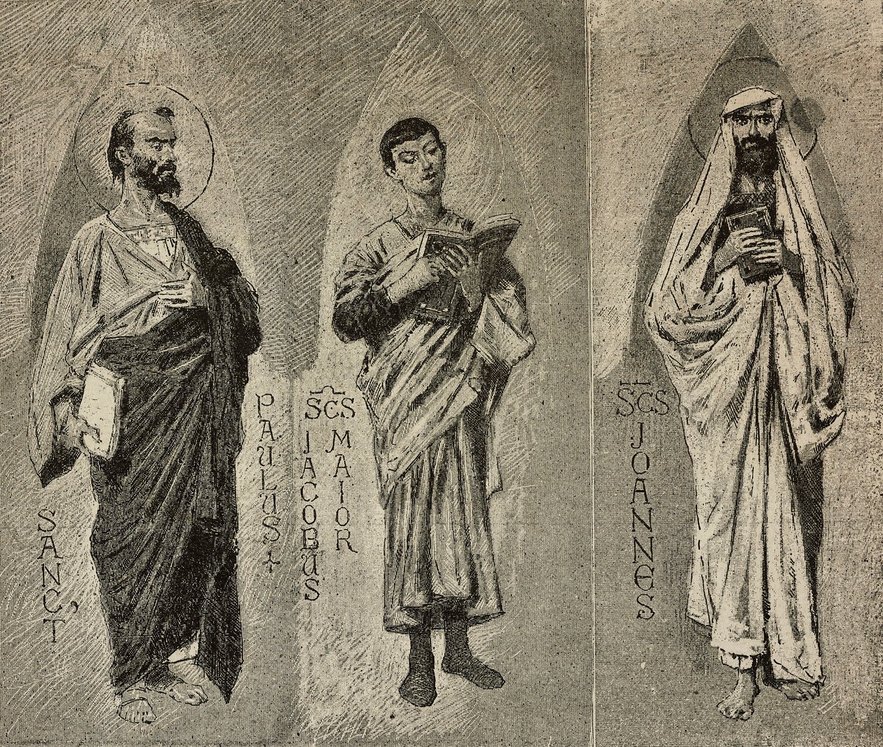 San Pablo, Santiago el Mayor y Juan, cartones de Domenico Morelli para el mosaico de la Catedral de Amalfi, Italia, dibujo de P Scoppetta, grabado de L