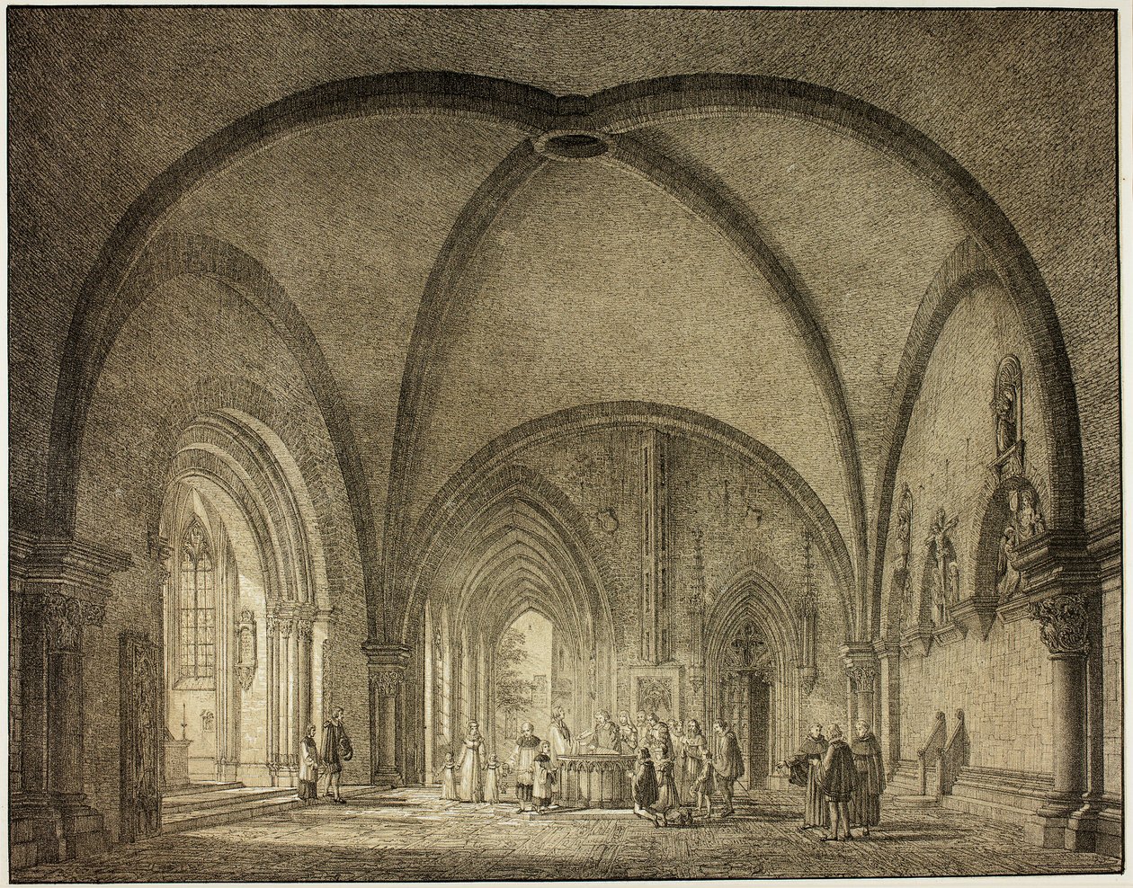 Sala bautismal y claustros en la catedral de Mainz, de la Colección de edificios medievales memorables en Alemania de Domenico Quaglio