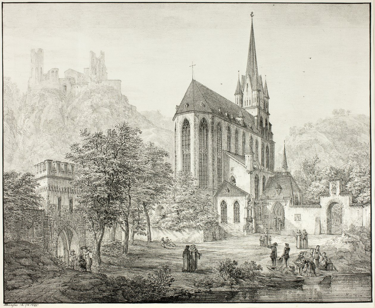 Colegiata de Nuestra Señora, con el castillo de Schoenberg en Oberwesel, a orillas del Rin de Domenico Quaglio