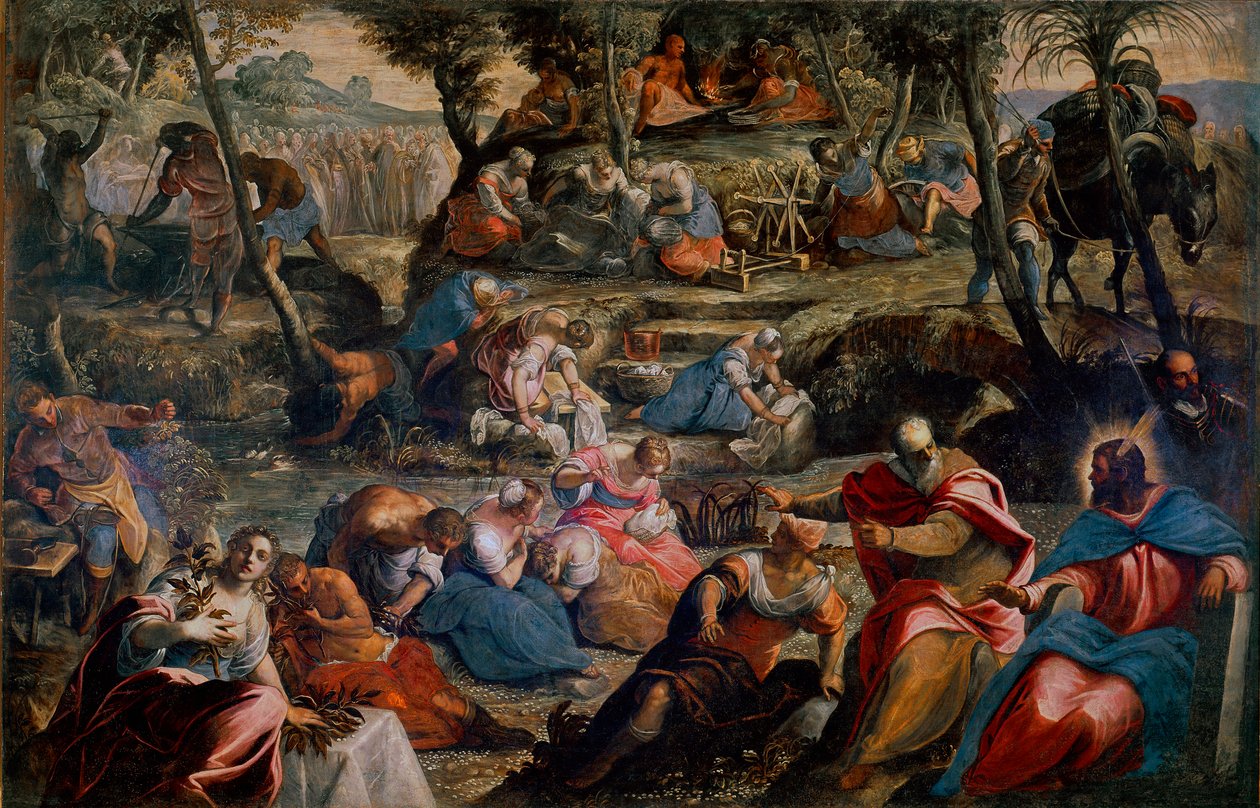 La recolección del maná (Judíos en el desierto). Escena del Antiguo Testamento: Dios alimenta a los israelitas que morirían de hambre con huevos de codorniz y maná. A la derecha, Aarón y Moisés. Pintura de Jacopo Robusti, conocido como Tintoretto (1518-159 de Domenico Robusti Tintoretto