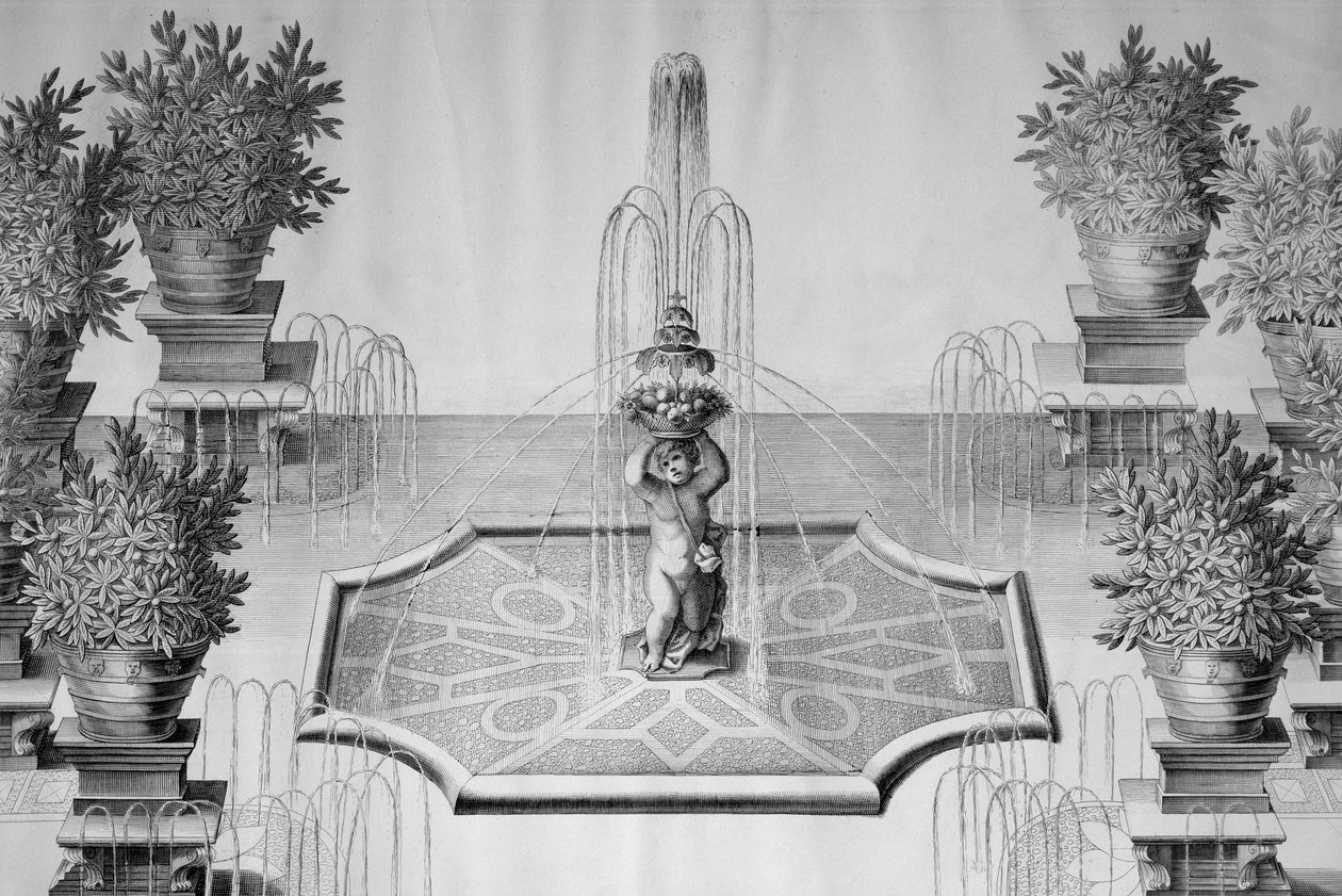 La fuente de flores en el jardín de Villa Barbarigo en Valsanzibio, grabado de Domenico Rossetti de Le fabbriche e i giardini dell