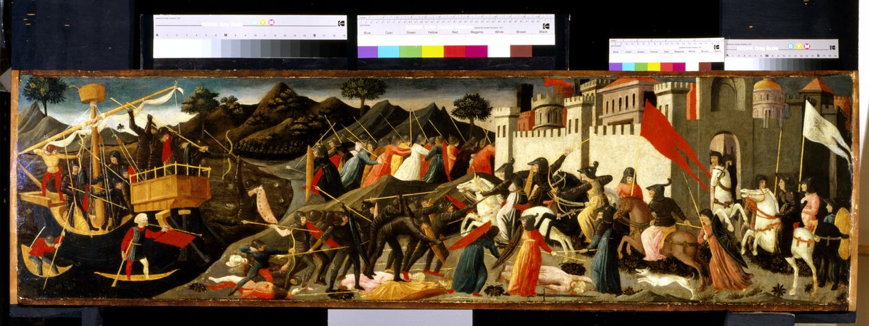 Batalla de Camila y Eneas (témpera sobre madera) de Domenico di Michelino