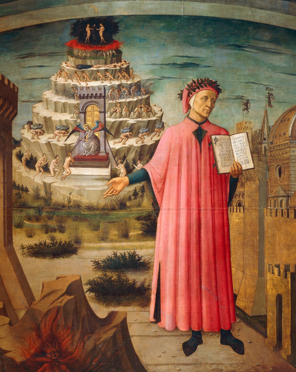 Dante Alighieri con la Divina Comedia en la mano y montañas del purgatorio en el fondo (detalle) de Domenico di Michelino