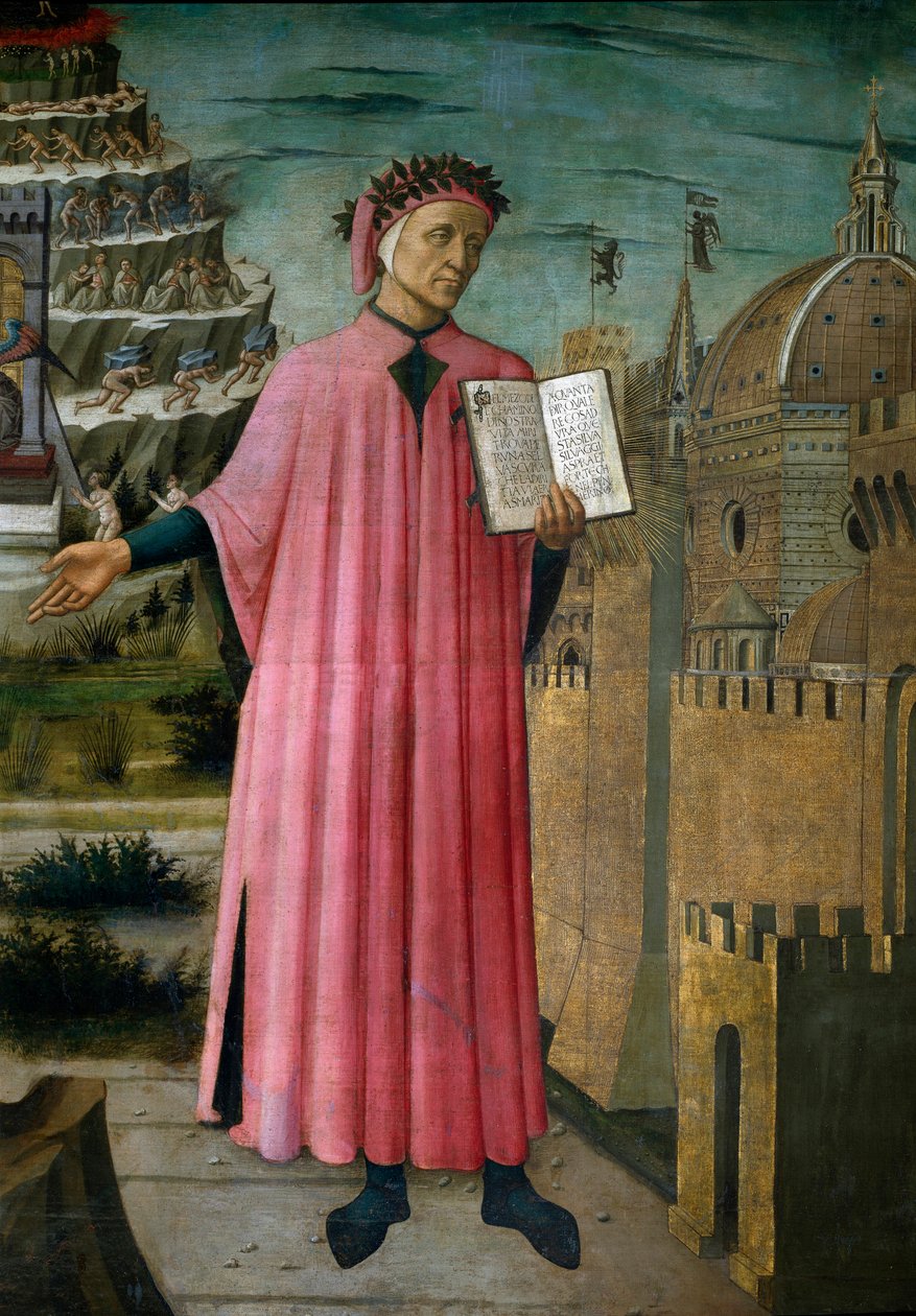 El poeta italiano Dante Alighieri (1265-1321) presenta su obra La divina comedia. Detalle. Fresco de Domenico di Michelino (1417-1491), Catedral de Santa María del Fiore, Florencia. (Duomo, Firenze) Italia de Domenico di Michelino