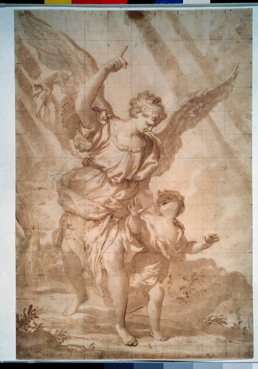 ""El ángel de la guarda"" (Ángel de la guarda) Dibujo a pluma de Domenico Piola (1627-1703) Museo Pushkin, Moscú de Domenico the Elder Piola