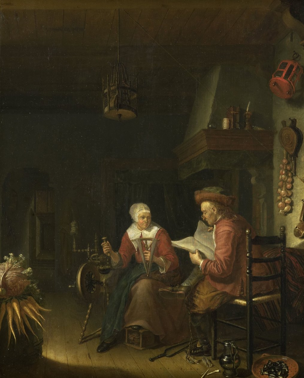 Interior con un hombre leyendo y una mujer hilando de Domenicus van Tol