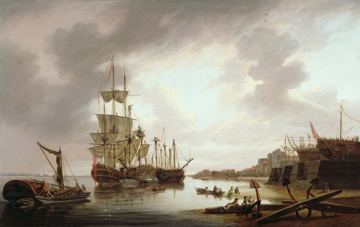 Hombres de guerra británicos anclados en Blackwall Reach, 1792 de Dominic Serres