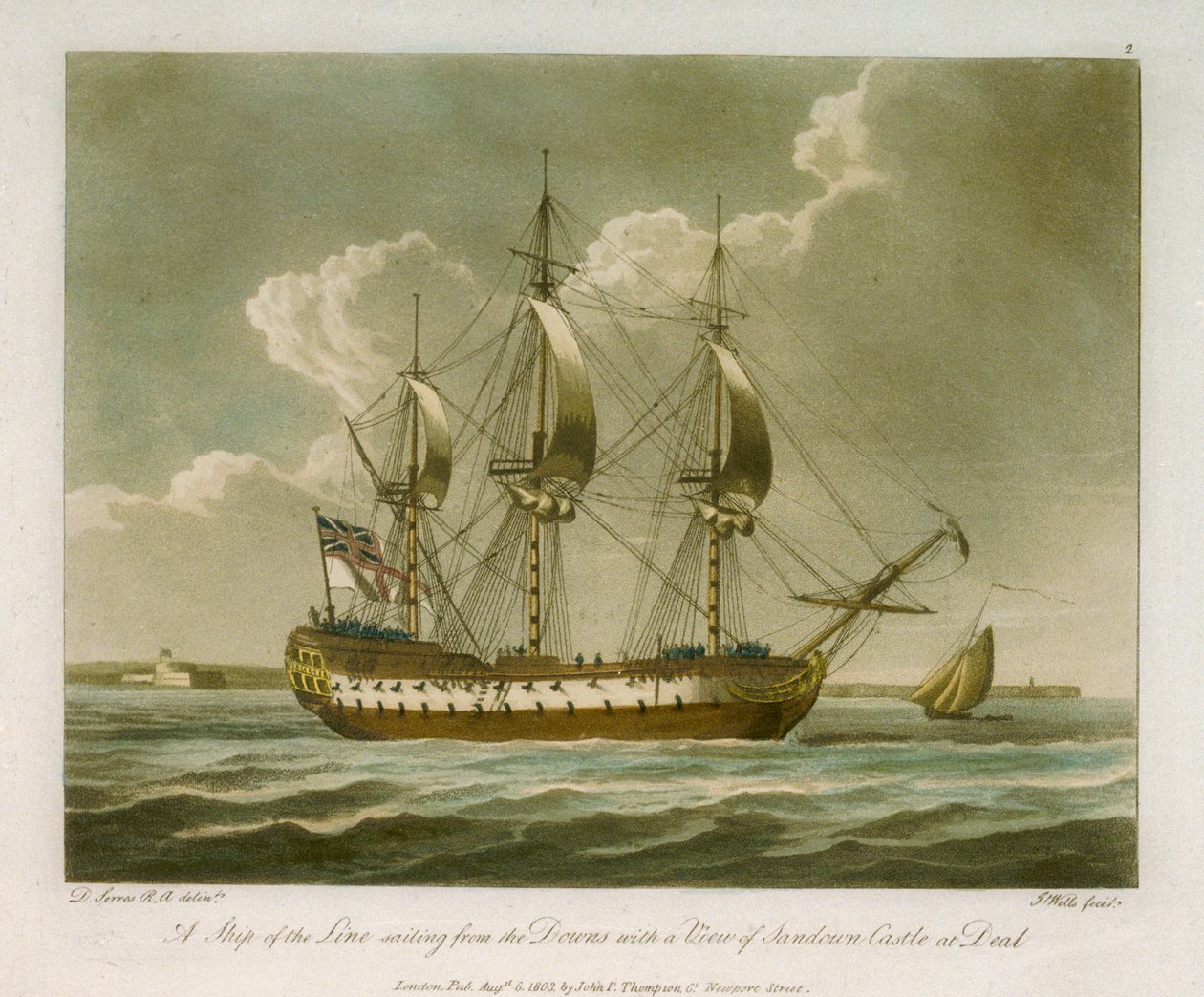 Un buque de línea navegando desde los Downs con vistas al castillo de Sandown en Deal de Dominic Serres