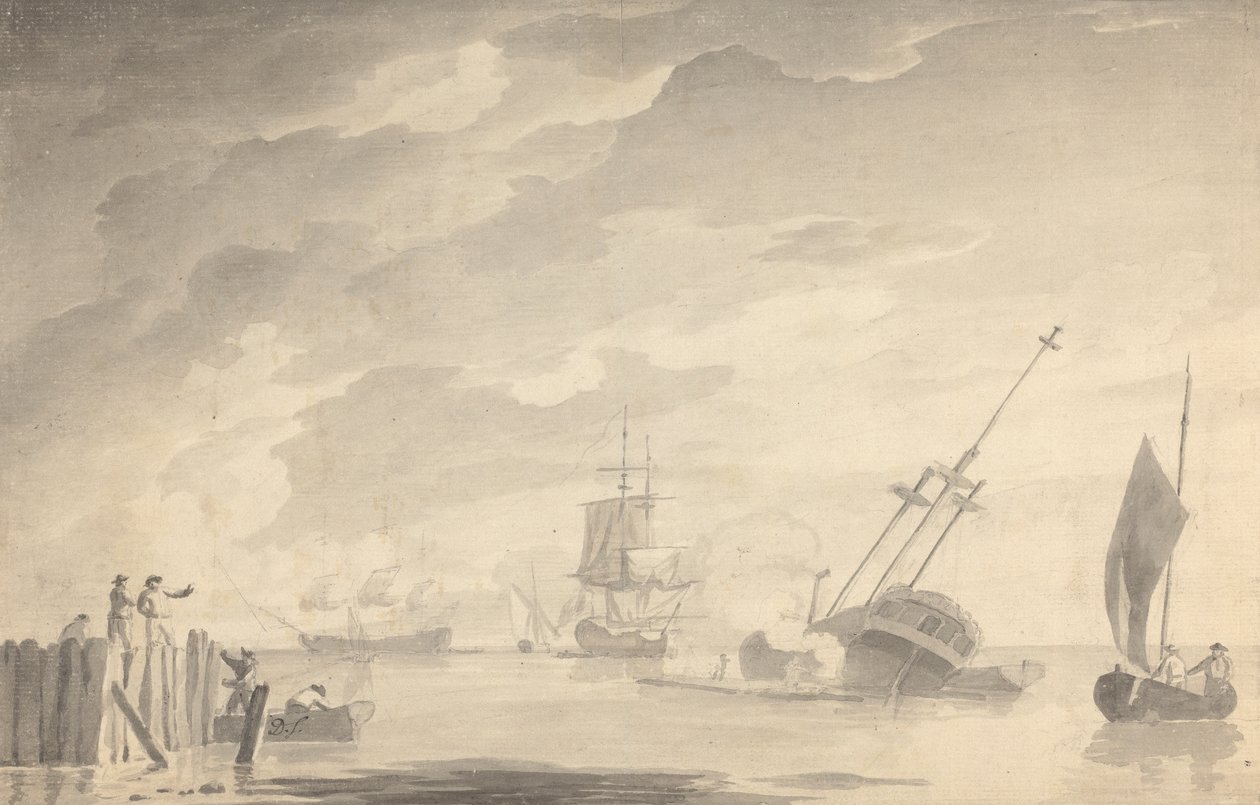 Escena de batalla, tres acorazados, uno hundiéndose; figuras a la izquierda en bote de remos y de pie en el muelle. de Dominic Serres