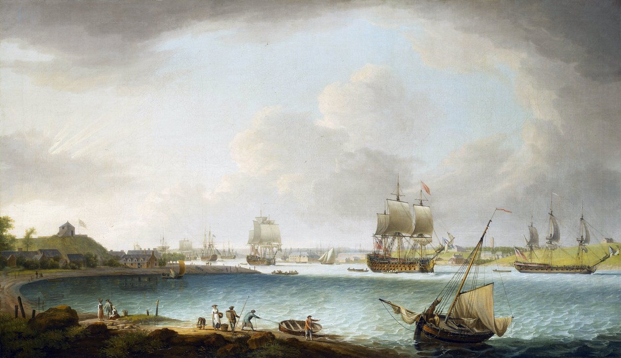 Escuadra de buques de guerra de la Marina Real Británica en Plymouth, Inglaterra. Óleo sobre lienzo de Dominic Serres