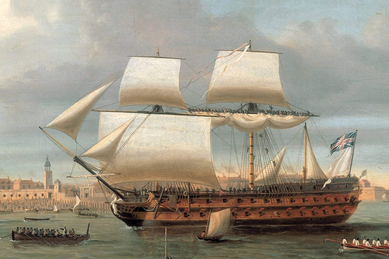 Foudroyant y Pégase entrando en el puerto de Portsmouth, 1782 de Dominic Serres
