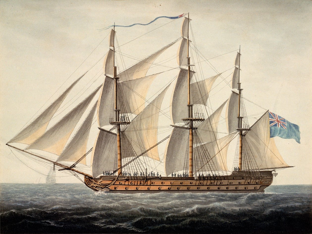 Barco francés "Sans Pareil" de 3ª clase, 80 cañones, capturado el 1 de junio, c.1800 (acuarela) de Dominic Serres