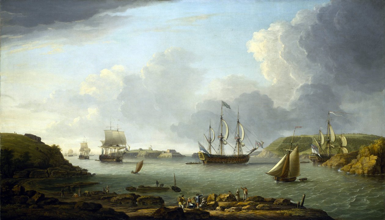 Regreso de una flota a Plymouth (Inglaterra), descripción de la ciudad y la bahía, incluyendo la isla Drake y la montaña Edgcumbe. Óleo sobre lienzo de Dominic Serres