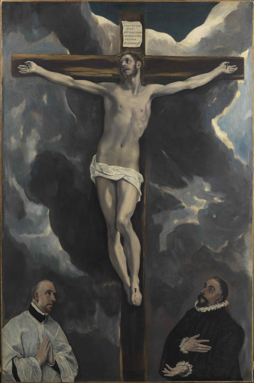 Cristo en la cruz adorado por dos donantes, finales del siglo XVI de Dominico El Greco