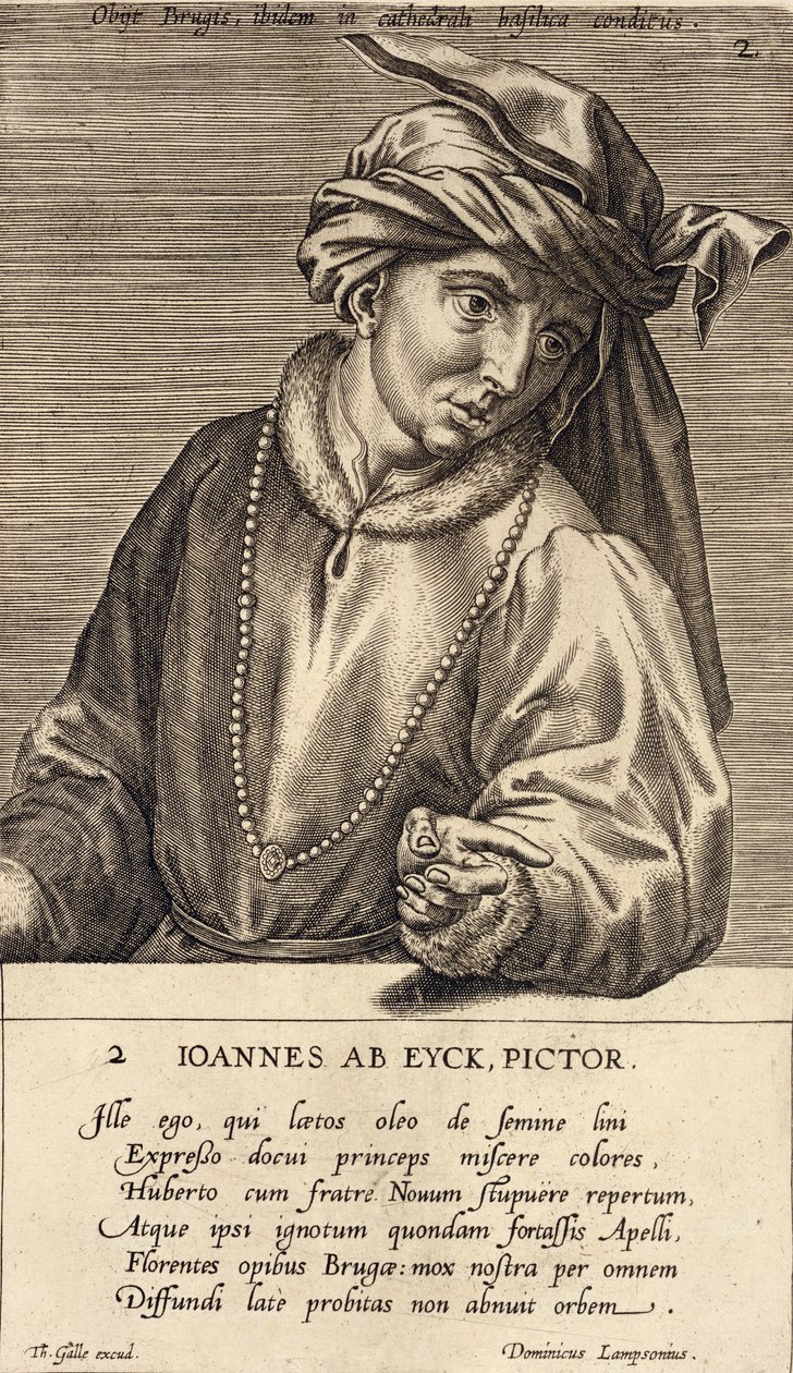 Retrato de Jan van Eyck (c.1390-1441) placa 2 en una serie de retratos de artistas, grabado por Theodor Galle (1571-1633) de Dominicus Lampsonius