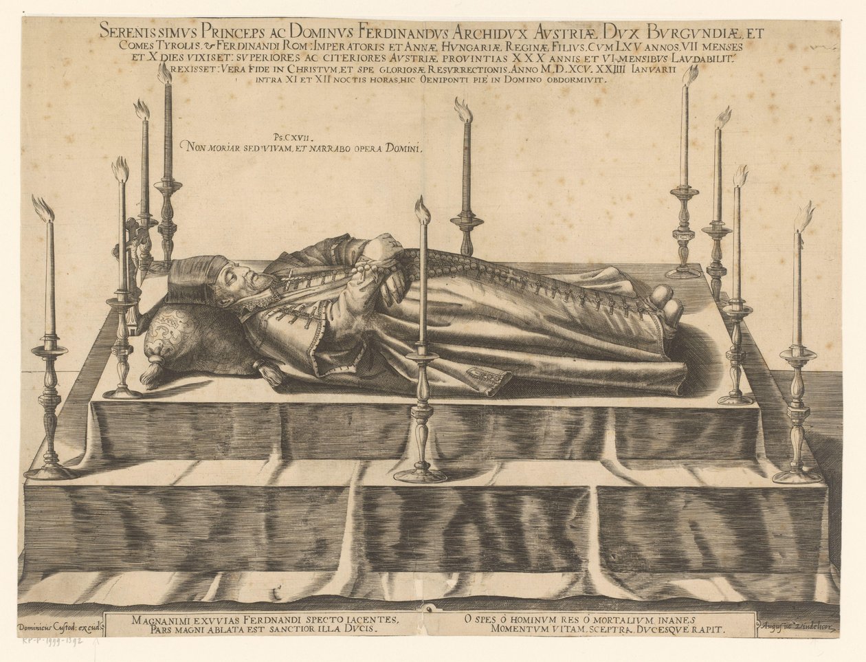 Doodsportret van Ferdinand II van Tirol Serenísimo Príncipe y Señor Fernando Archiduque de Austria (...) (título sobre objeto) de Dominicus Custos (possibly)