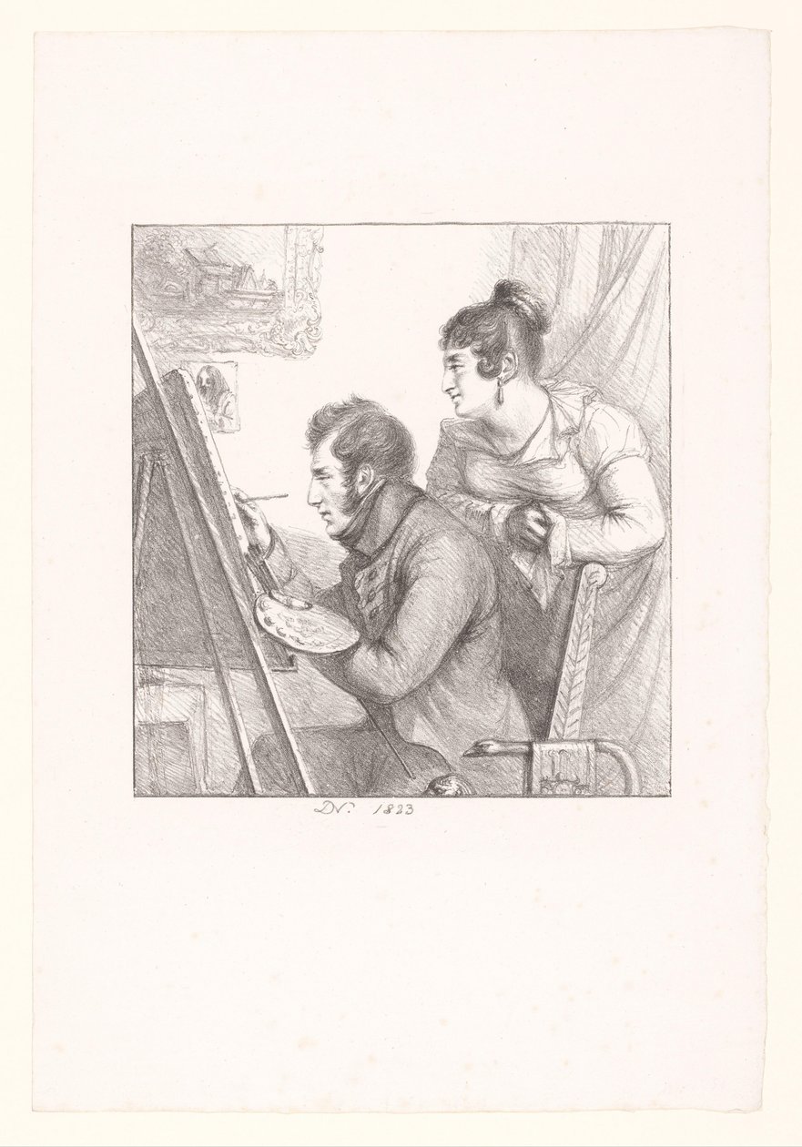 Autorretrato del artista en acción con una mujer que mira de Dominique Vivant Denon (baron)