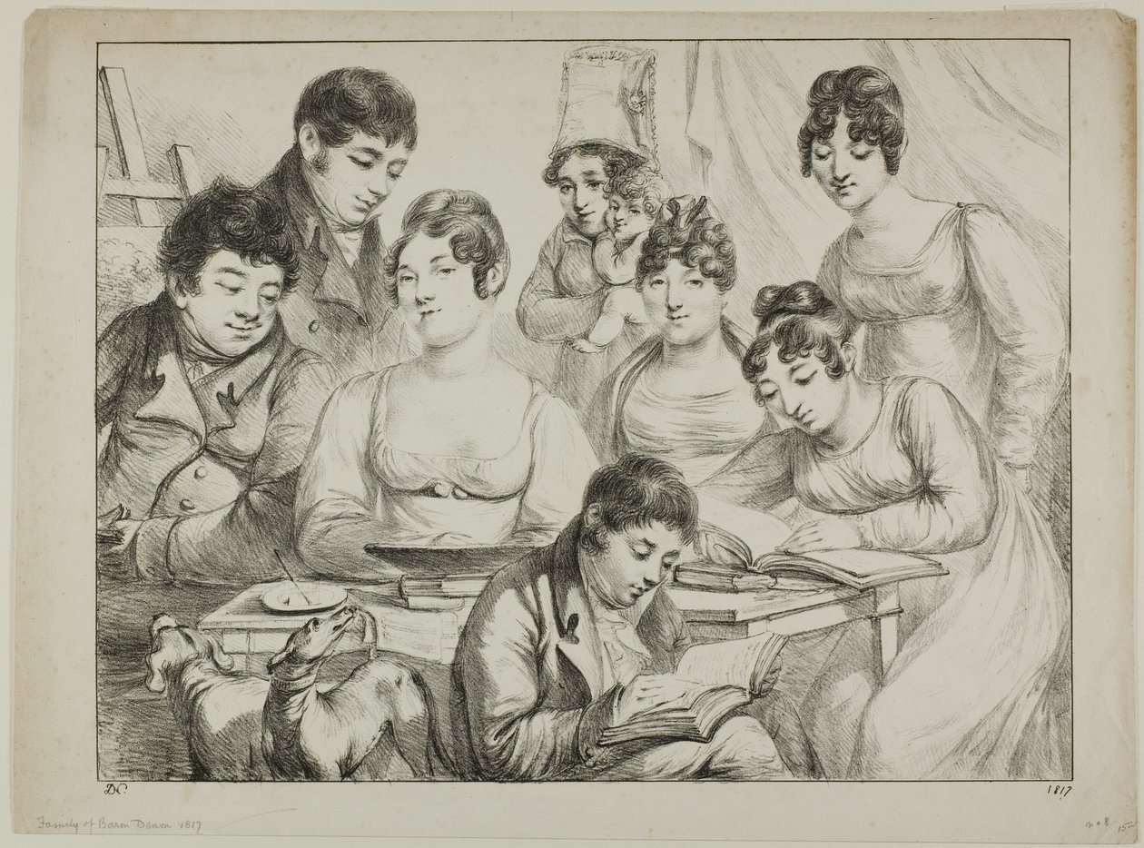 Conversación, una familia dibujando y leyendo, la niñera sosteniendo a un bebé, un retrato del príncipe Edmond de Beauvau detrás de una silla, y retratos de Madame Lavallée y Madame Vallory, ambas sentadas de Dominique Vivant Denon