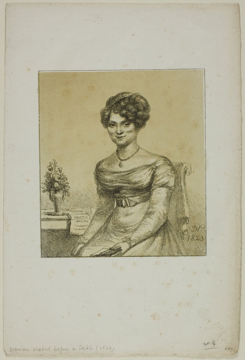 Mujer sentada frente a una mesa de Dominique Vivant Denon