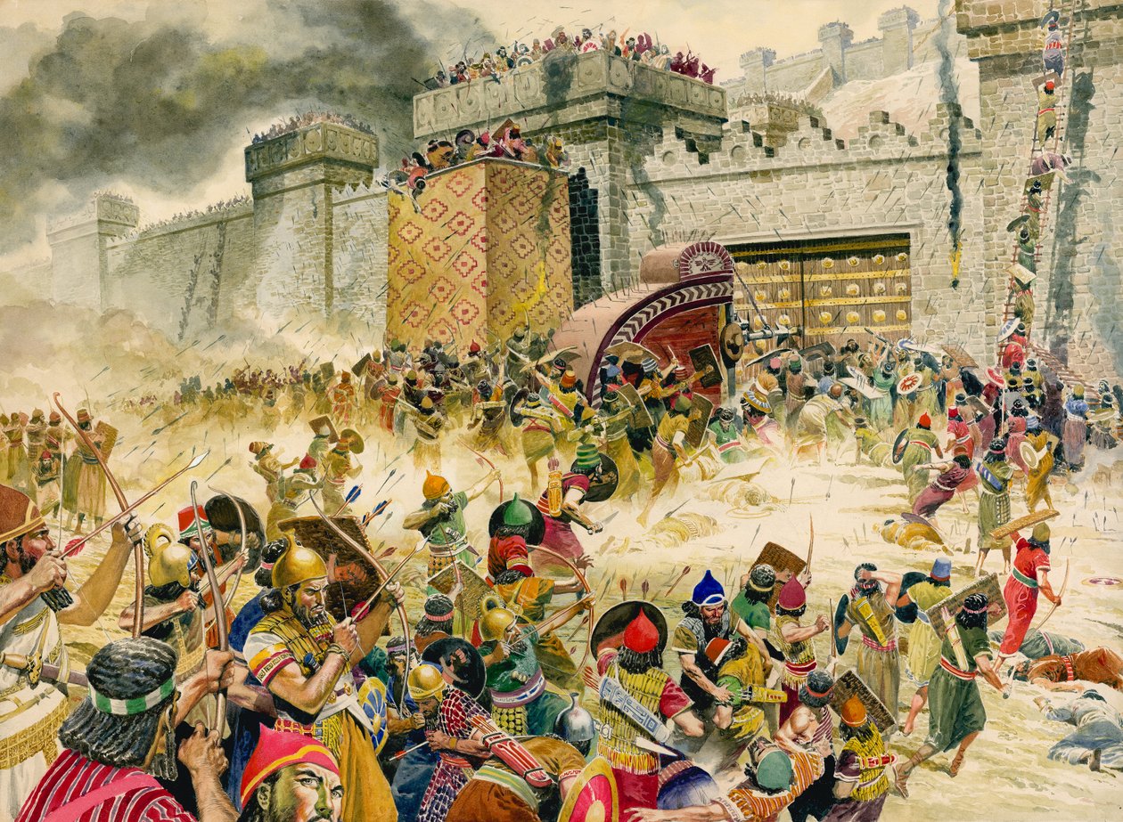 Samaria, ciudad fortaleza de Israel, cae en manos de los asirios (gouache sobre papel) de Don Lawrence
