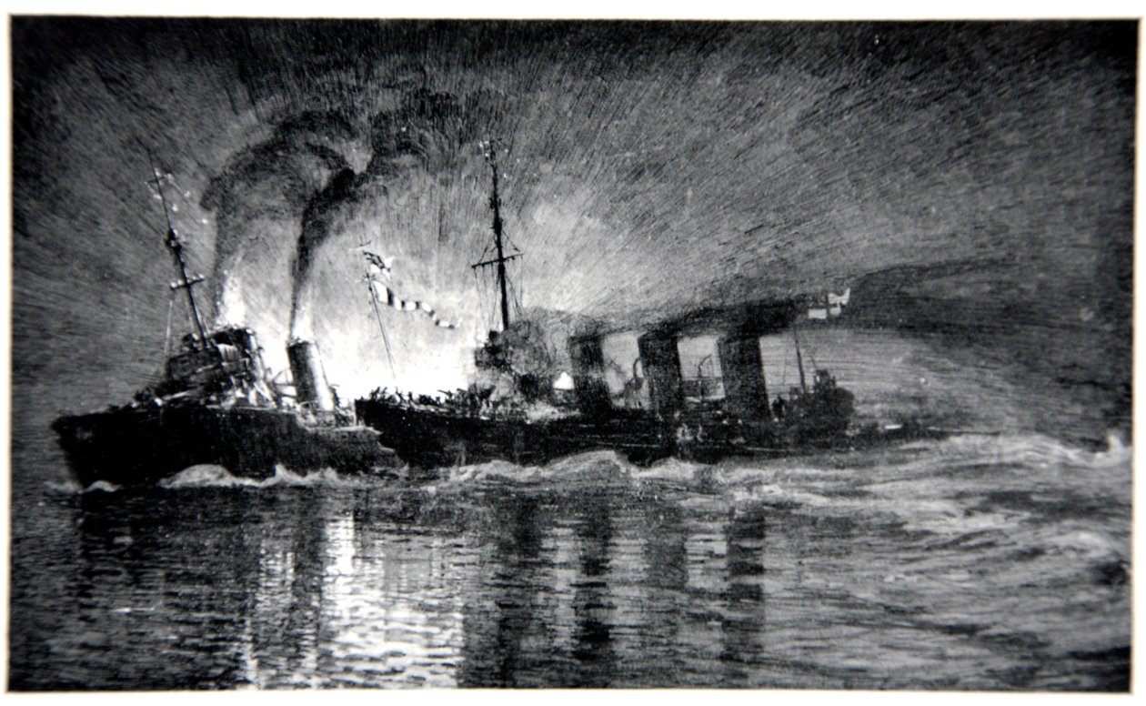 HMS Broke embistiendo al destructor alemán, ilustración de 