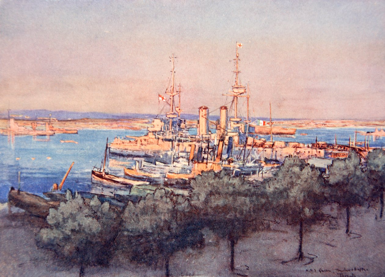 H.M.S. Queen, arrastreros y pescadores, Taranto, ilustración de 