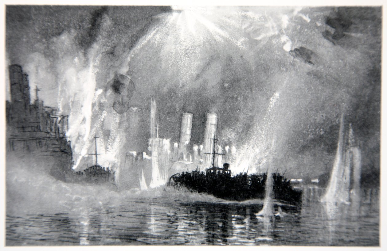 Lanchas motoras rescatando tripulaciones de los barcos bloqueados en Zeebrugge, ilustración de 