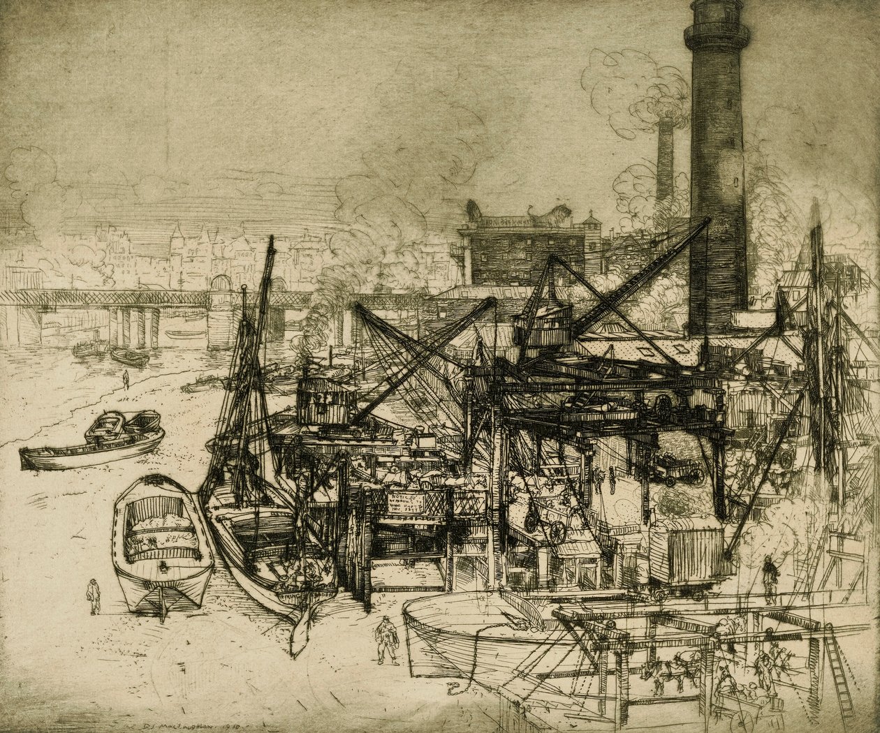 Chimeneas y grúas en el Támesis de Donald Shaw MacLaughlan