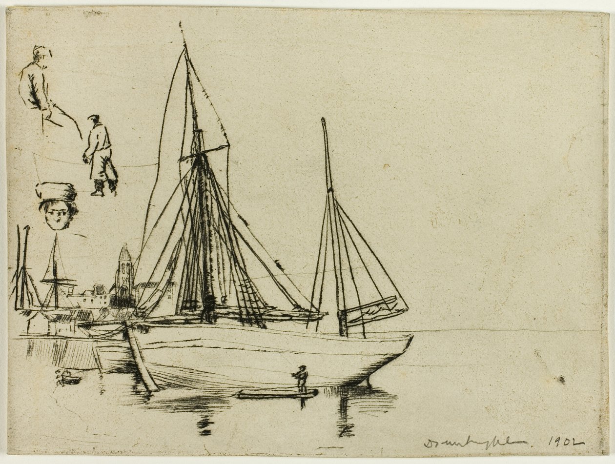 Boceto de barcos de pesca y marineros de Donald Shaw MacLaughlan