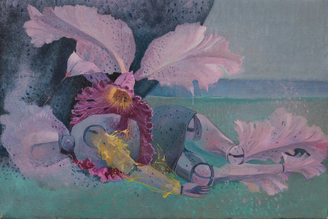 Metamorfosis, Maniquí y orquídea, c.1968 (óleo sobre lienzo) de Donatella Merlo