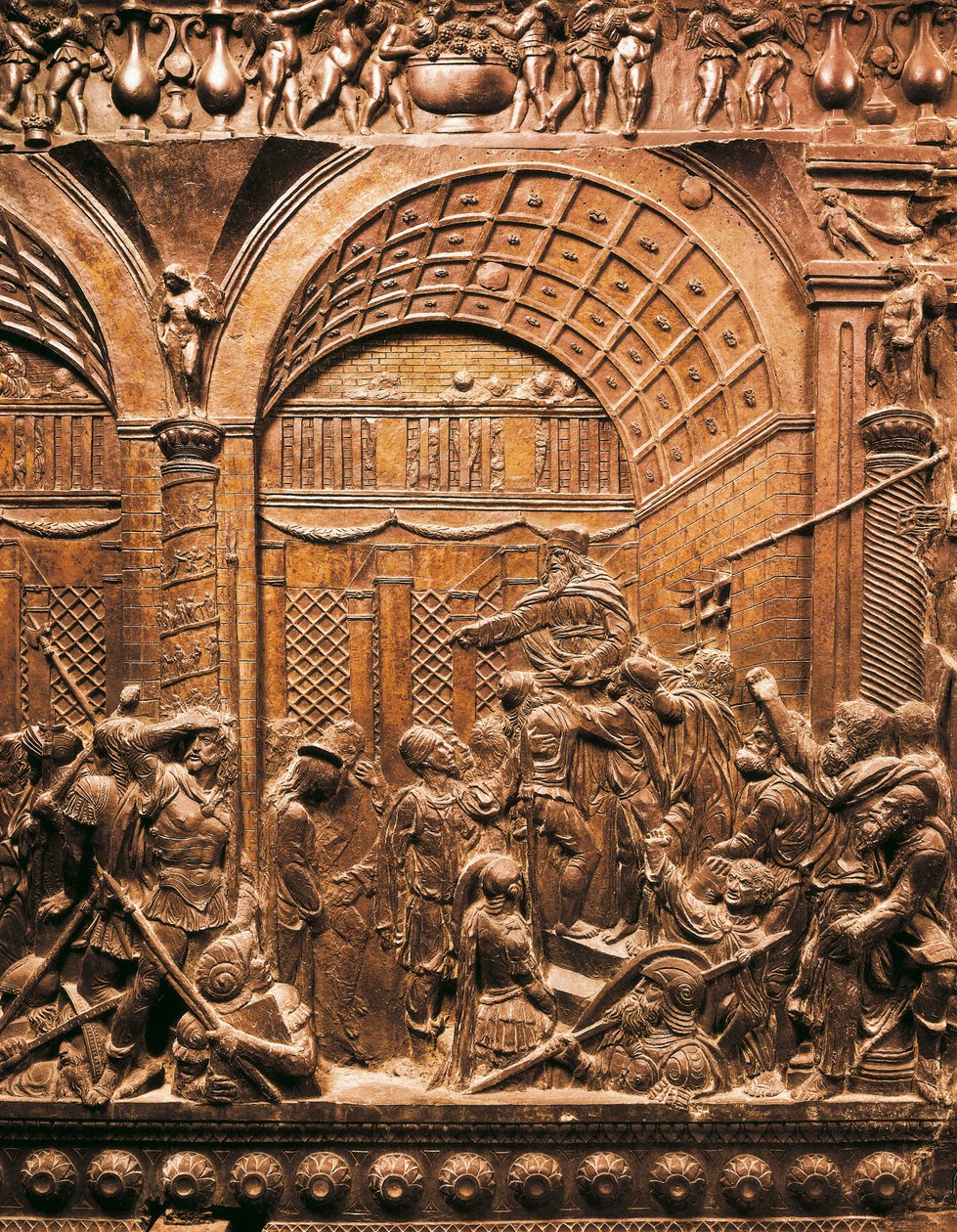 Arte del Renacimiento (Quattrocento): Cristo llevado ante Caifás. 1460. Bajorrelieve en bronce de Donatello