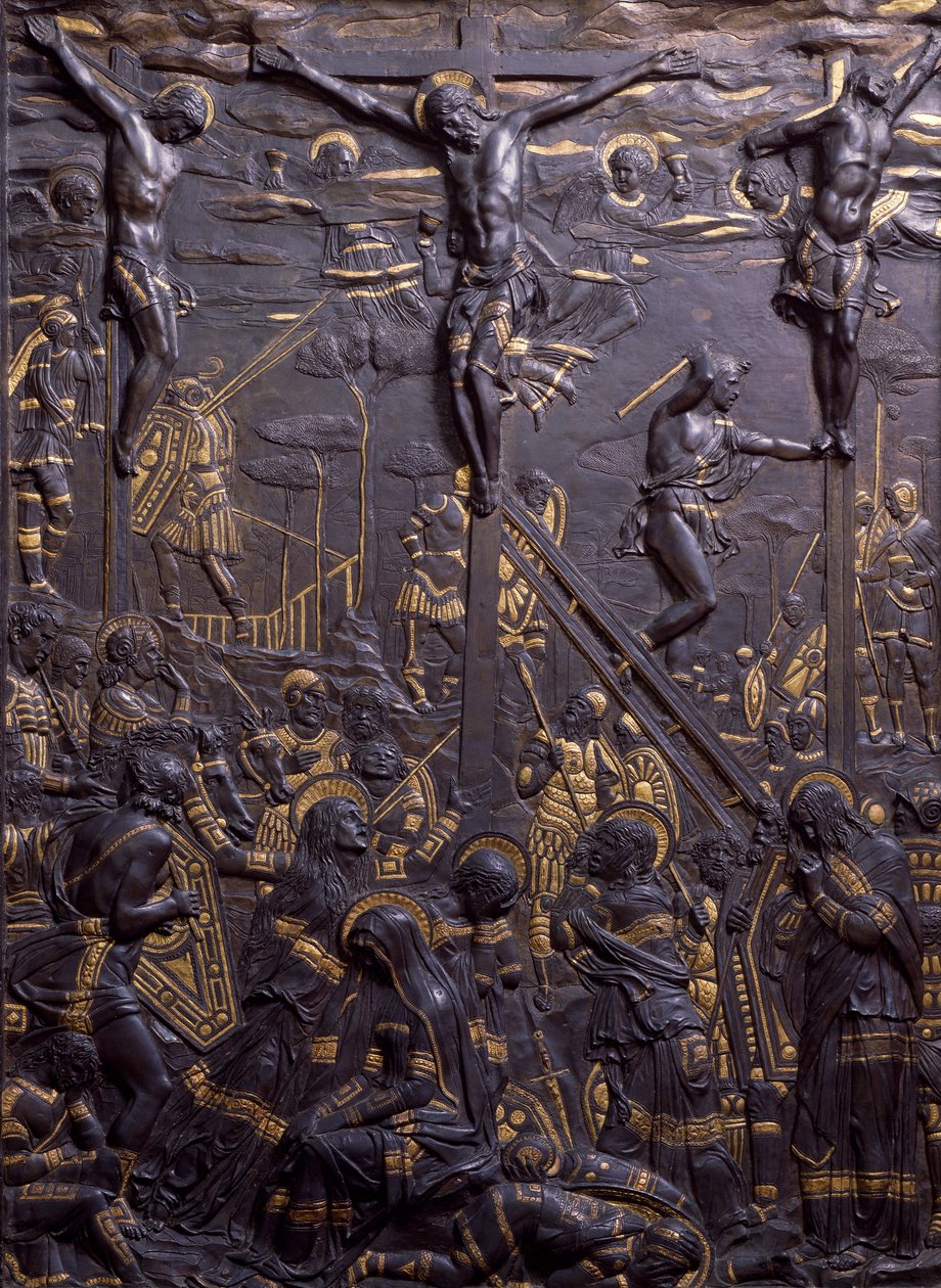 Crucifixión de Cristo, ca 1465, por Donatello, relieve de bronce damasquinado de Donatello