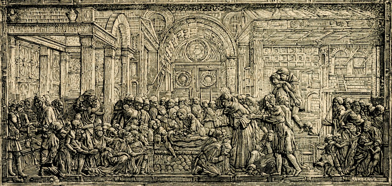Milagro del corazón del avaro, altar de San Antonio, relieve en bronce de Donatello, basílica de San Antonio de Padua, Padua, Véneto, Italia, xilografía de Le cento citta d